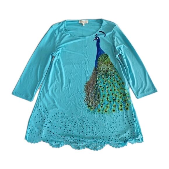 Colletta Womens Blouse Multicolor Size Small Peacock On Front 3/4 Sleeve - Picture 1 of 12